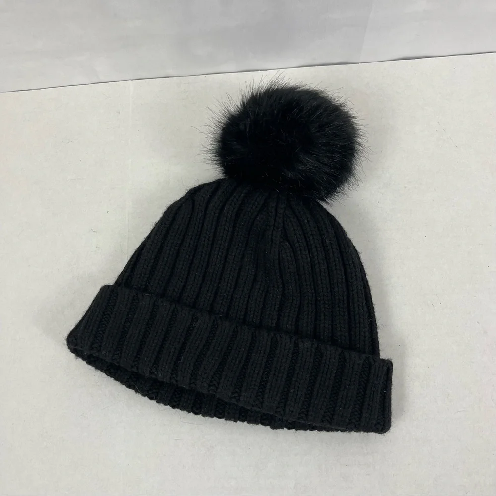 J.Crew Black Knit Beanie Hat Faux Fur Pom One Size OS Ribbed Winter Cold Weather